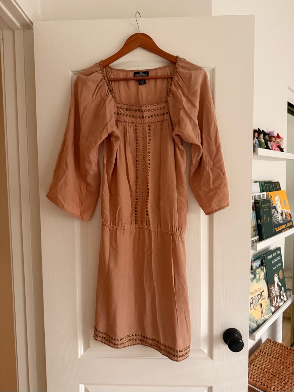 Angie Peach Embroidered Long Sleeve Boho Dress